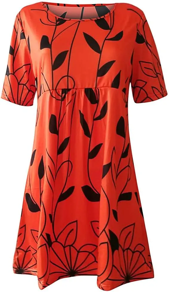 Summer Dresses for Women 2024 Casual High Waist Loose Crewneck Floral Sundress Short Sleeve Flowy Ruffle Mini Dress