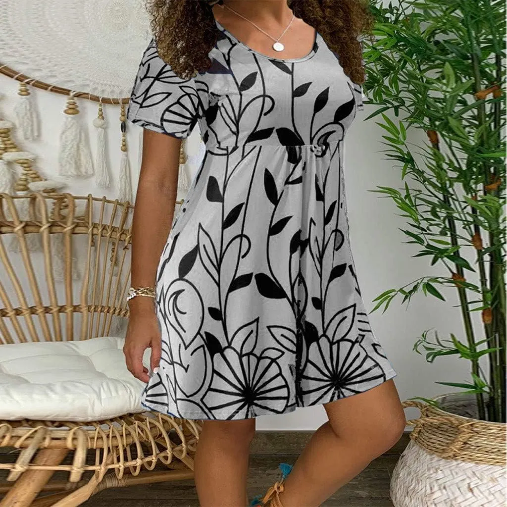 Summer Dresses for Women 2024 Casual High Waist Loose Crewneck Floral Sundress Short Sleeve Flowy Ruffle Mini Dress