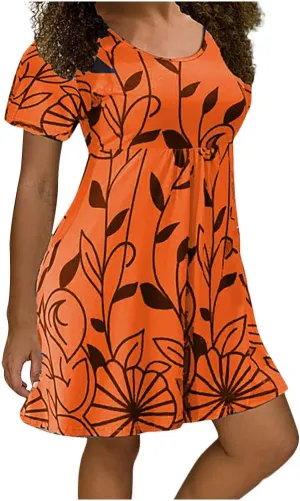 Summer Dresses for Women 2024 Casual High Waist Loose Crewneck Floral Sundress Short Sleeve Flowy Ruffle Mini Dress