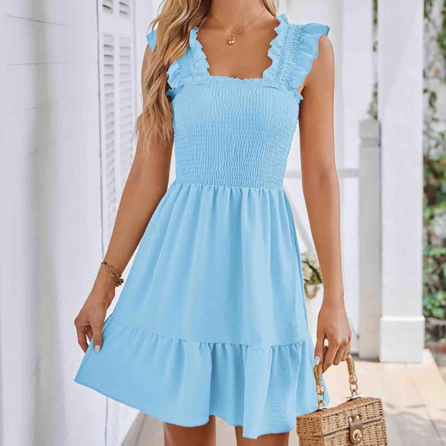 Summer Dresses for Women 2024 Casual Sleeveless Square Neck Smocked Ruffle Boho Tiered Mini Dress 2024 Trendy Sundress