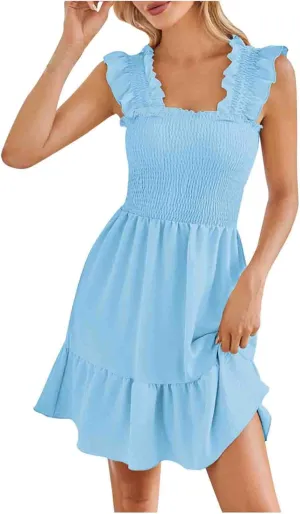 Summer Dresses for Women 2024 Casual Sleeveless Square Neck Smocked Ruffle Boho Tiered Mini Dress 2024 Trendy Sundress