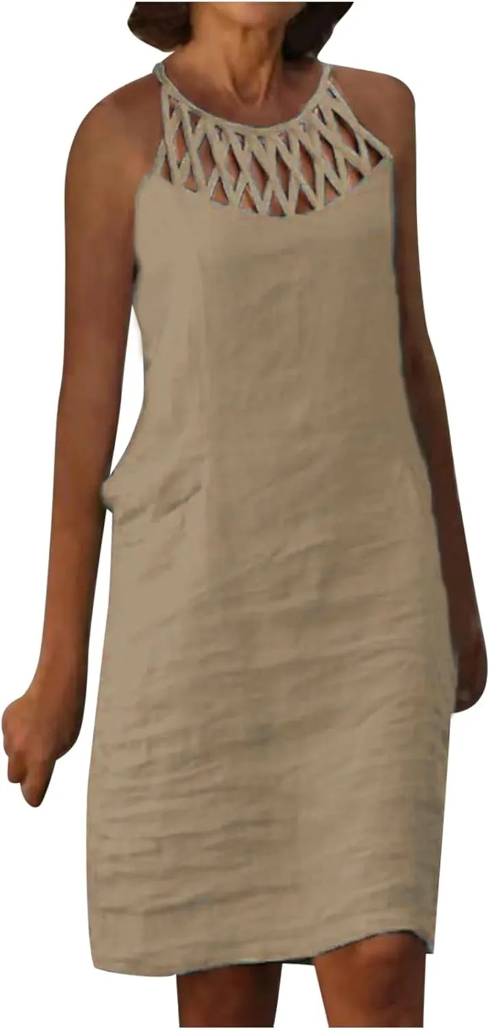 Summer Dresses for Women 2025 Casual Trendy Hollow Out Halter Neck A-line Sundress Beach Vacation Outfits Midi Dress