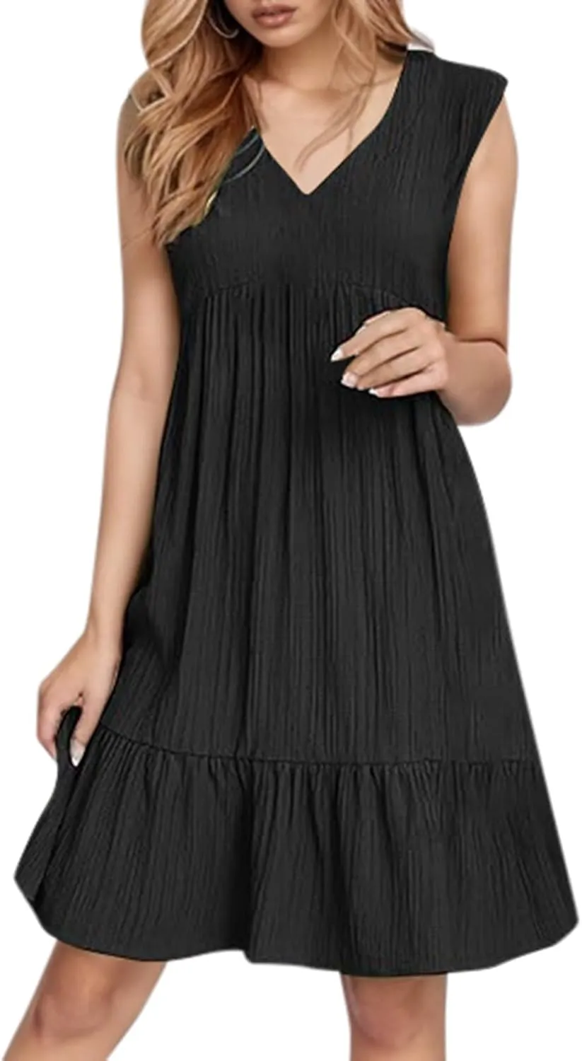 Summer Dresses for Women 2025 Elegant Classy Sleeveless V Neck Boho Midi Sun Dress Ruffle Beach Vacation Clothes