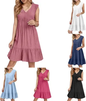 Summer Dresses for Women 2025 Elegant Classy Sleeveless V Neck Boho Midi Sun Dress Ruffle Beach Vacation Clothes