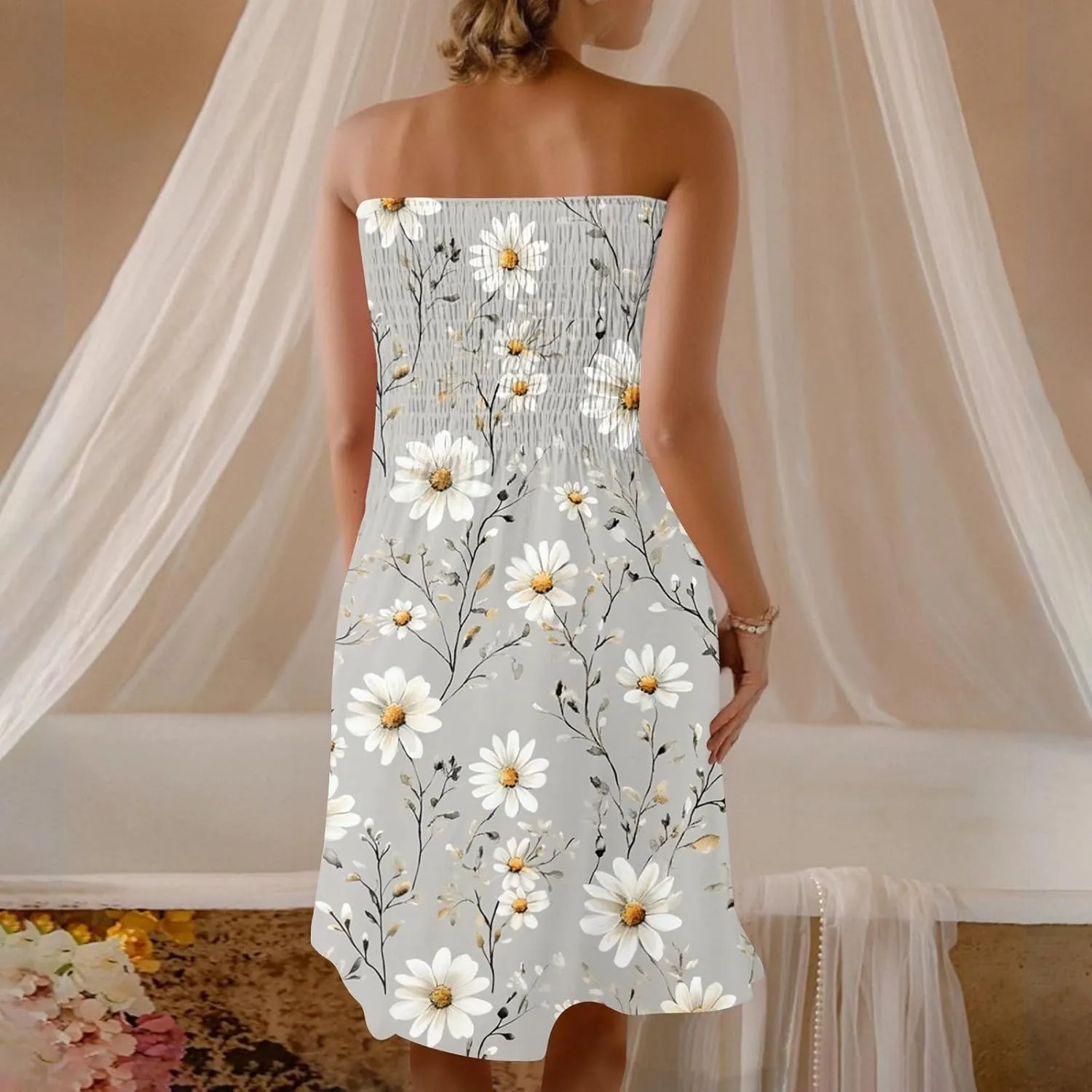 Summer Dresses for Women 2025 Strapless Floral Tube Dress Off shouldes Mini Boho Sundress Smocked Ruffle Sun Dress