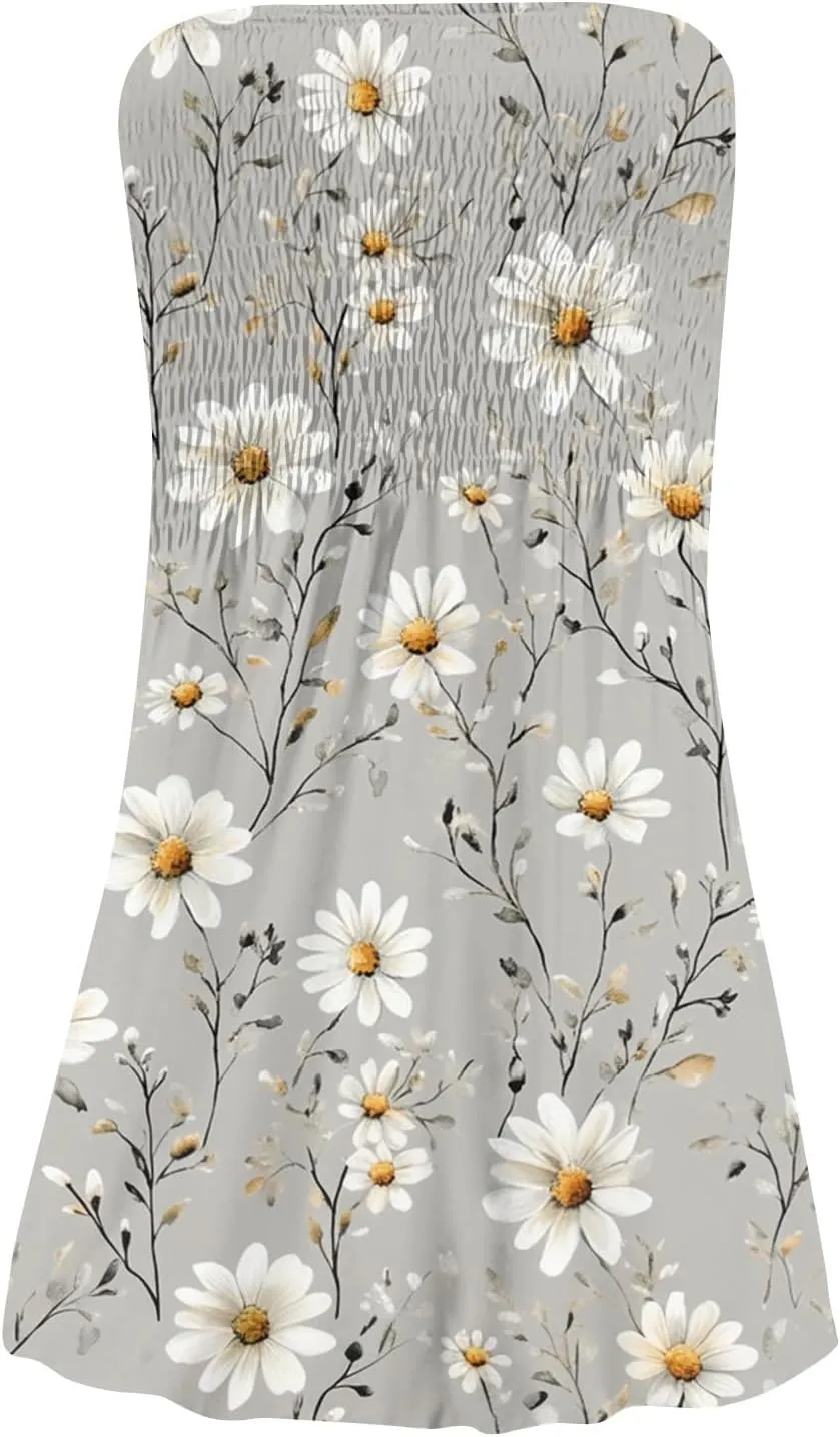 Summer Dresses for Women 2025 Strapless Floral Tube Dress Off shouldes Mini Boho Sundress Smocked Ruffle Sun Dress