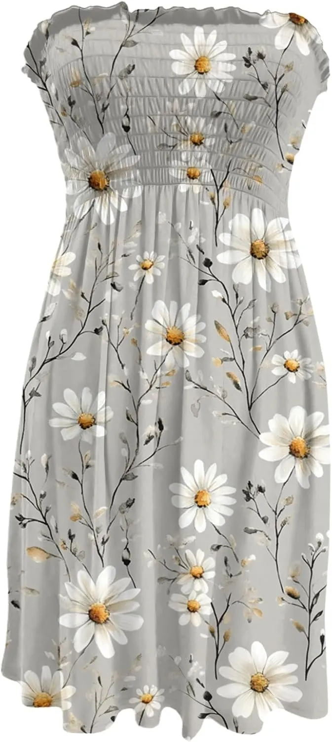 Summer Dresses for Women 2025 Strapless Floral Tube Dress Off shouldes Mini Boho Sundress Smocked Ruffle Sun Dress