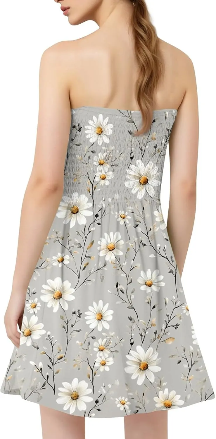 Summer Dresses for Women 2025 Strapless Floral Tube Dress Off shouldes Mini Boho Sundress Smocked Ruffle Sun Dress