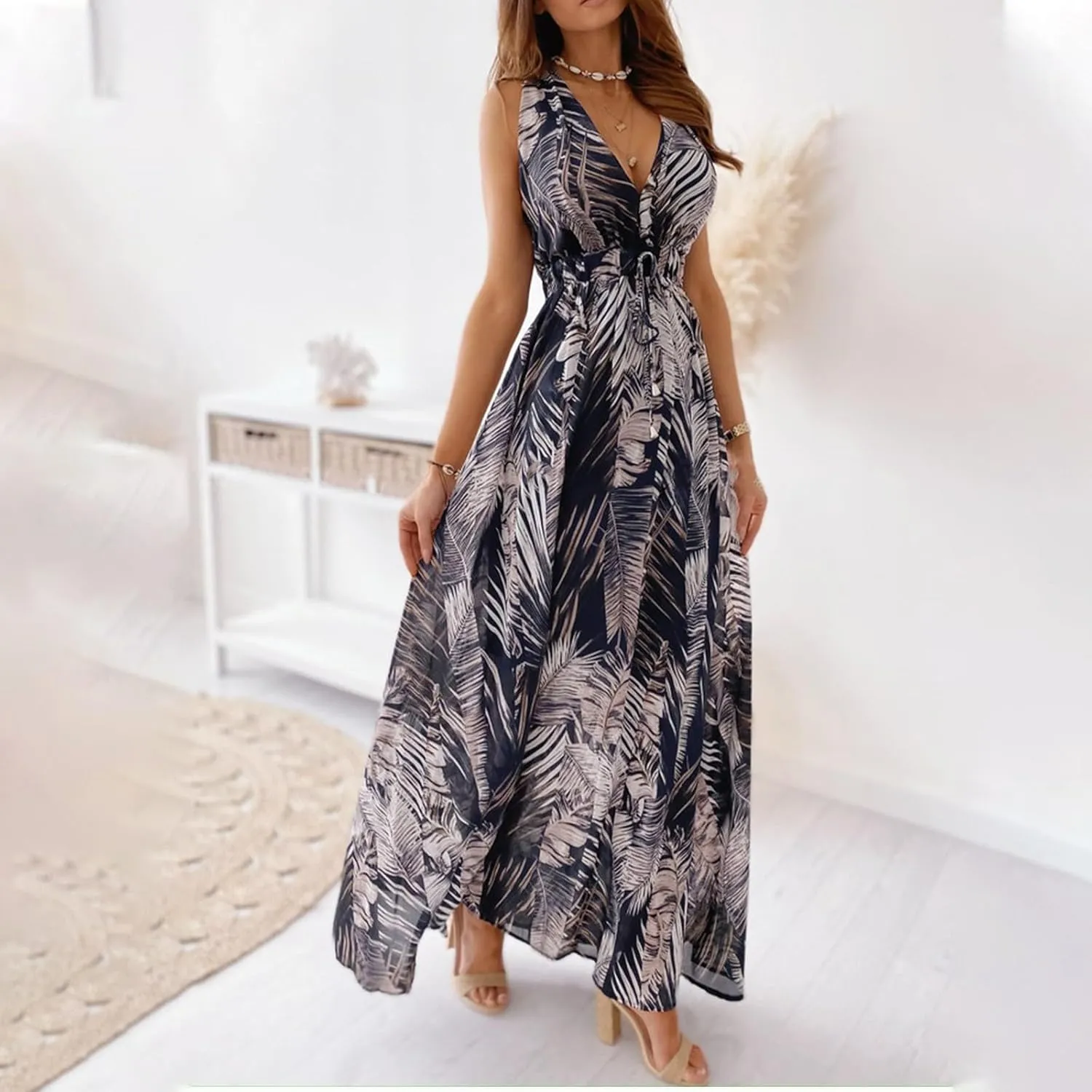 Summer Dresses for Women 2025 Trendy Sleeveless V Neck Floral Hawaiian Dress Flowy Maxi Sexy Beach Sundresses