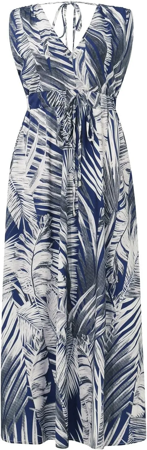 Summer Dresses for Women 2025 Trendy Sleeveless V Neck Floral Hawaiian Dress Flowy Maxi Sexy Beach Sundresses