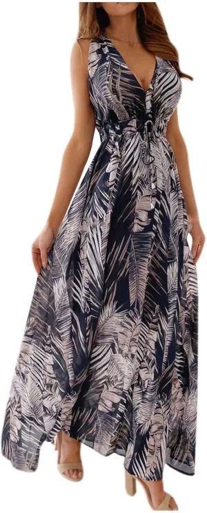 Summer Dresses for Women 2025 Trendy Sleeveless V Neck Floral Hawaiian Dress Flowy Maxi Sexy Beach Sundresses