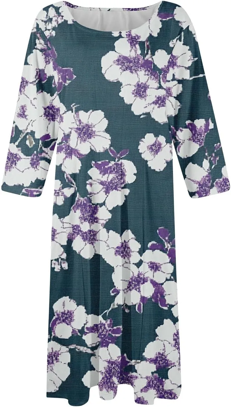 Summer Dresses for Women Beach Flowy Tshirt Dress Aline Casual 3/4 Sleeve Dress Floral Midi Dresses with Pockets