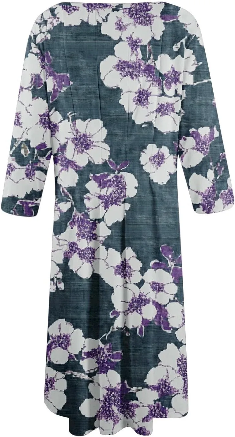 Summer Dresses for Women Beach Flowy Tshirt Dress Aline Casual 3/4 Sleeve Dress Floral Midi Dresses with Pockets