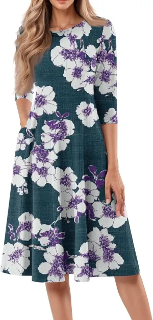 Summer Dresses for Women Beach Flowy Tshirt Dress Aline Casual 3/4 Sleeve Dress Floral Midi Dresses with Pockets