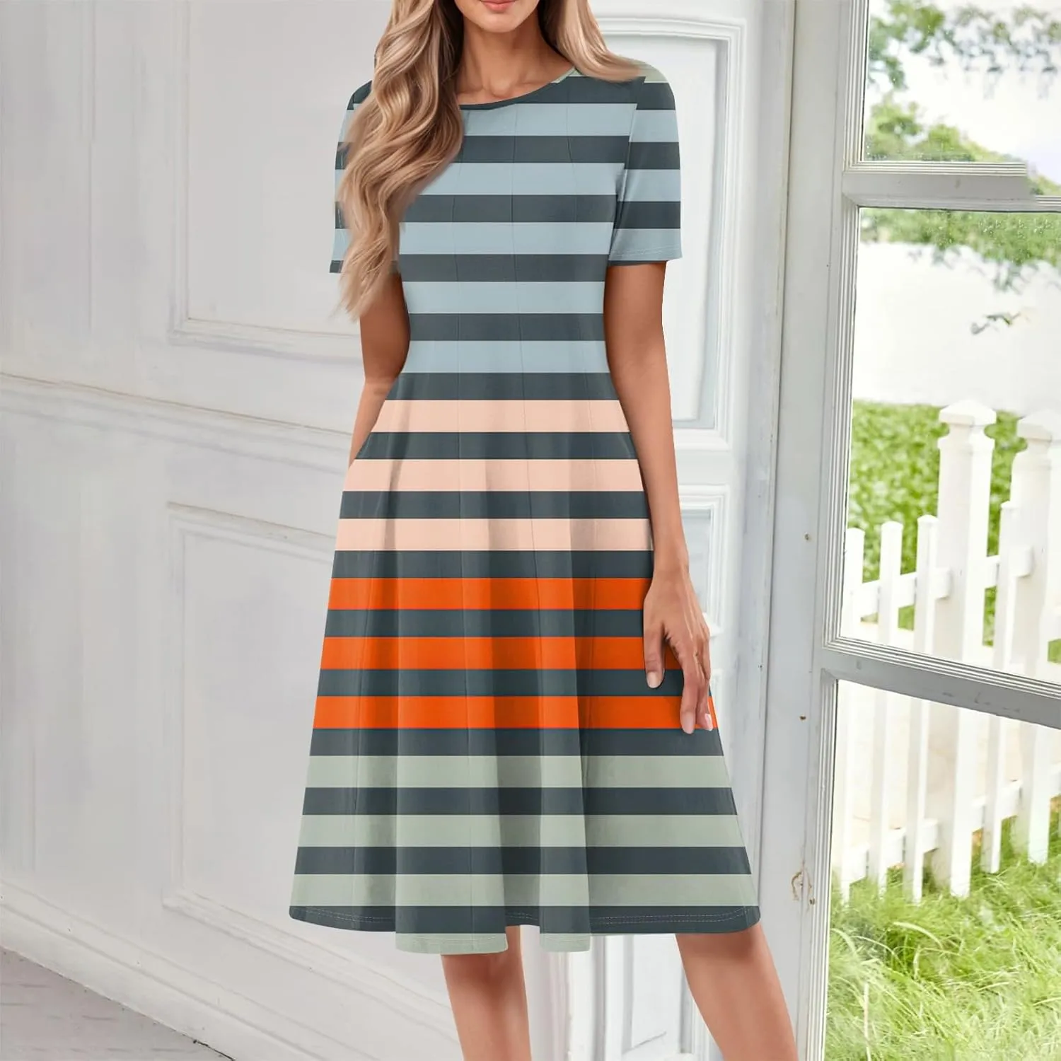 Summer Dresses for Women Flowy Casual Midi Dresses Aline Beach Tshirt Dress Floral Short Sleeve Dress with Pockets