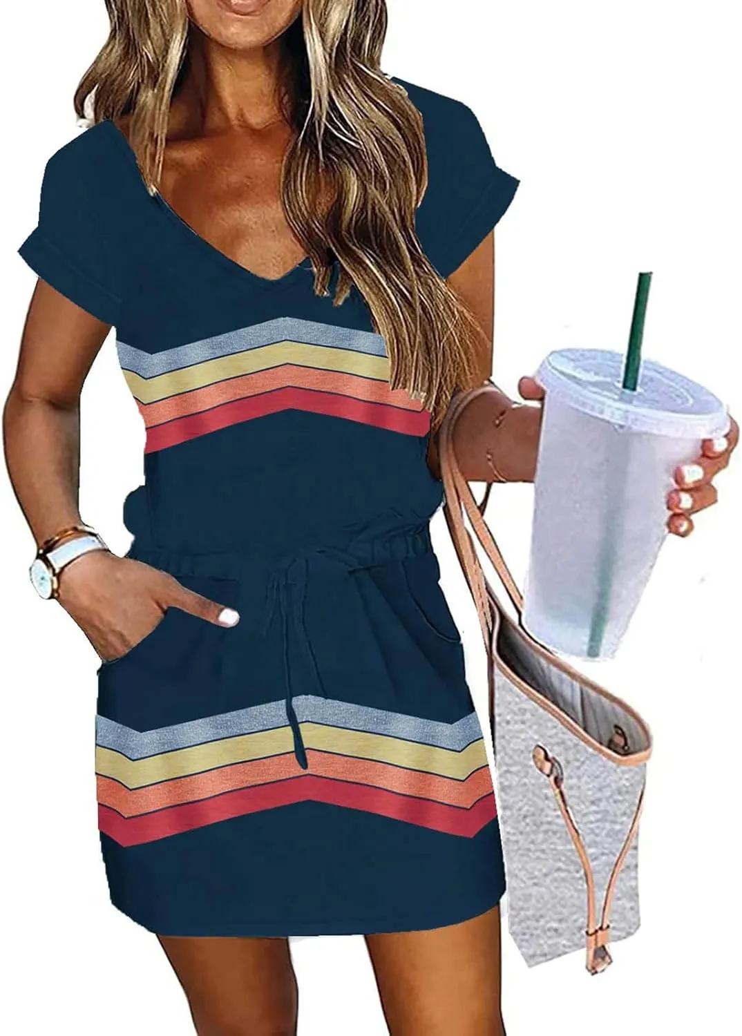 Summer Dresses for Women Tie Front A-Line Double Layer Hem Mini Dresses Beach Work Casual Sundress with Pockets