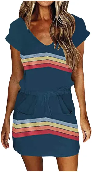 Summer Dresses for Women Tie Front A-Line Double Layer Hem Mini Dresses Beach Work Casual Sundress with Pockets
