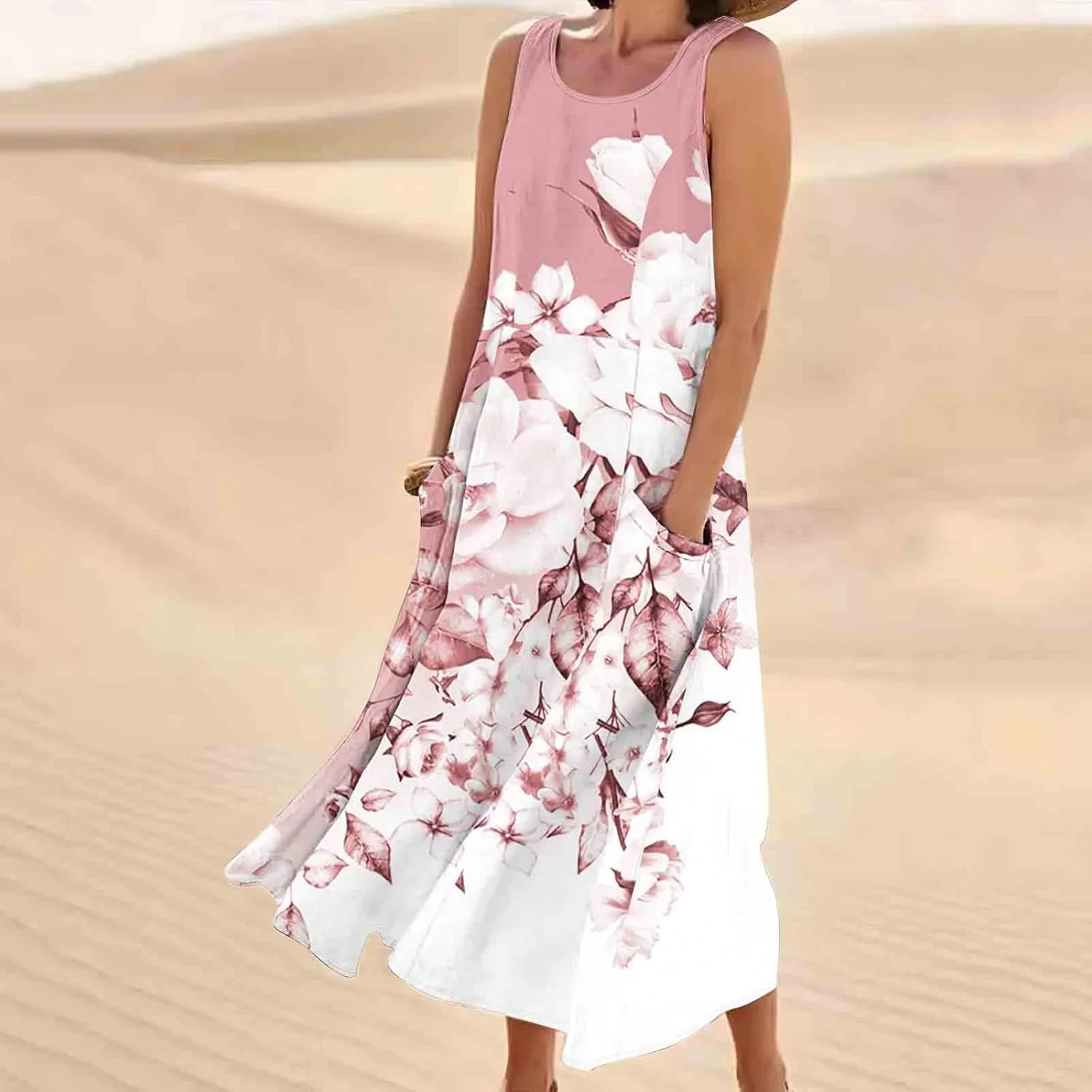 Summer Dresses for Womens Cotton Linen Sleeveless Maxi Dresses Casual Sun Dress Comfy Summer Beach Outfits with Pocket