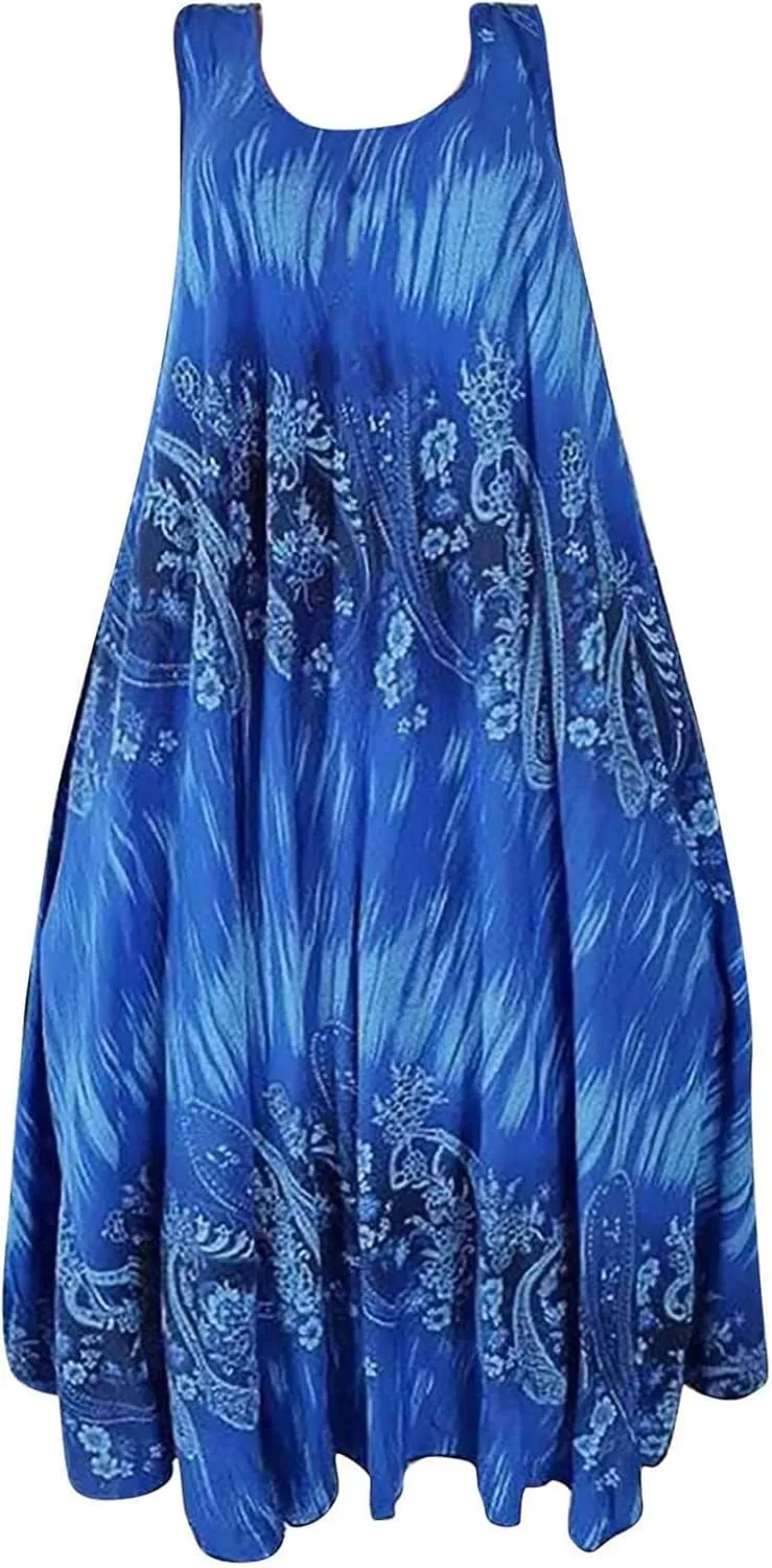 Summer Dresses for Womens Fashion Floral Flowy Swing Knee Length Sundress Sleeveless A-Line Crewneck Midi Tank Dress
