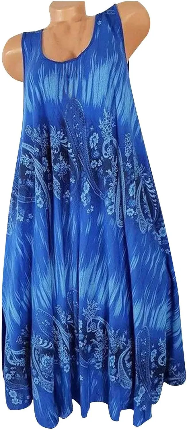 Summer Dresses for Womens Fashion Floral Flowy Swing Knee Length Sundress Sleeveless A-Line Crewneck Midi Tank Dress
