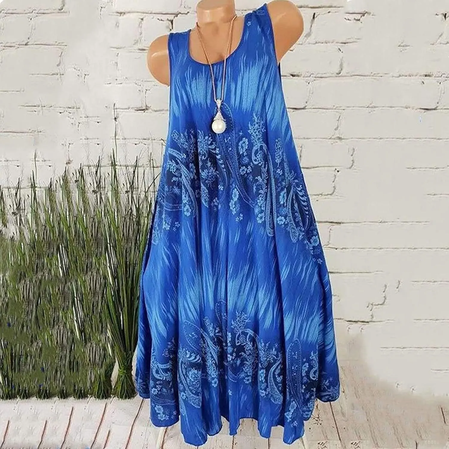 Summer Dresses for Womens Fashion Floral Flowy Swing Knee Length Sundress Sleeveless A-Line Crewneck Midi Tank Dress