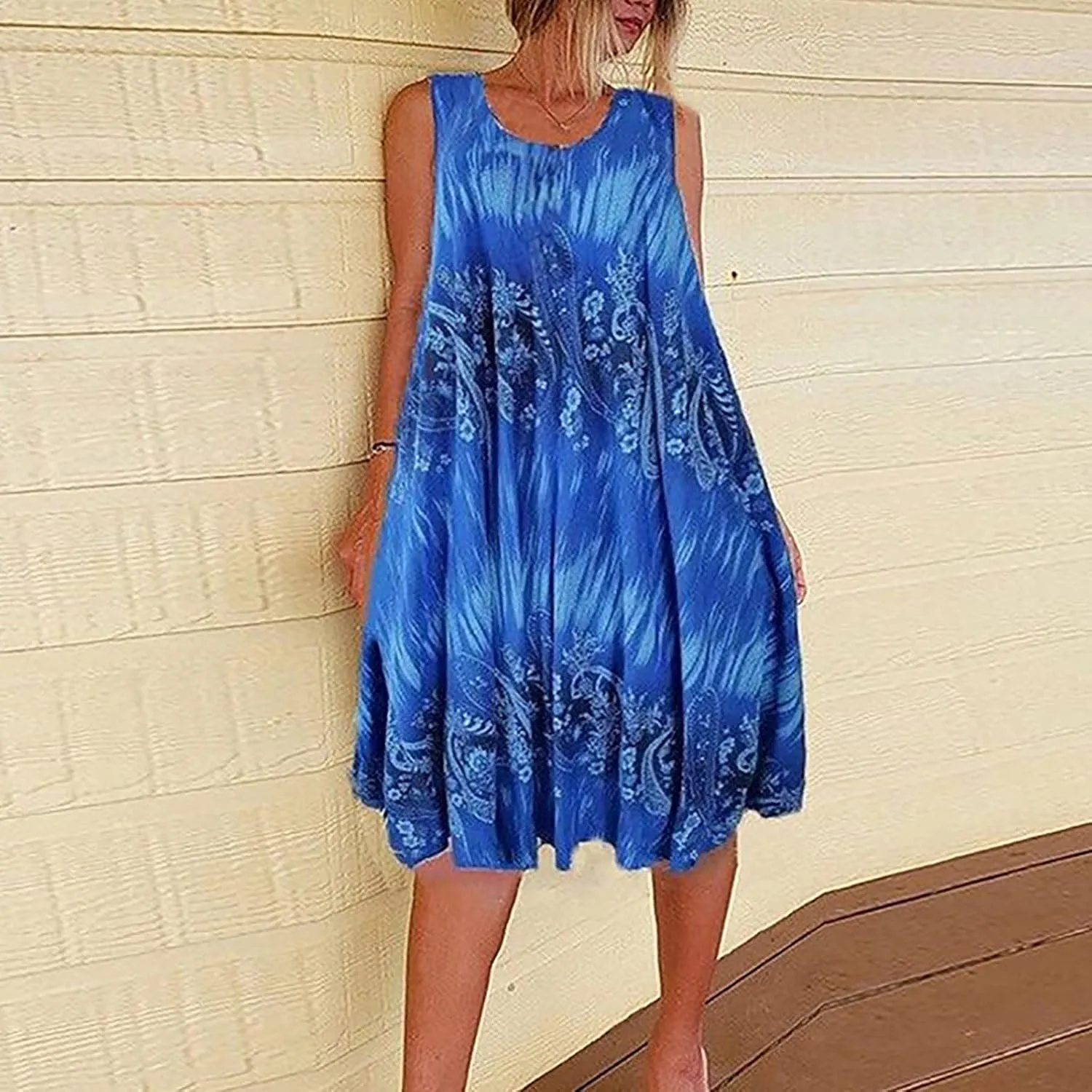 Summer Dresses for Womens Fashion Floral Flowy Swing Knee Length Sundress Sleeveless A-Line Crewneck Midi Tank Dress