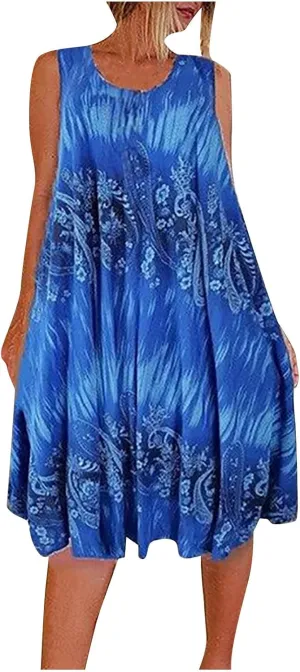 Summer Dresses for Womens Fashion Floral Flowy Swing Knee Length Sundress Sleeveless A-Line Crewneck Midi Tank Dress
