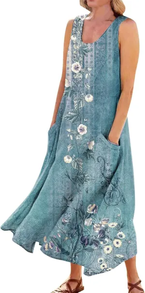 Summer Dresses,Summer Dress Maxi Casual Sleeveless Boho Beach Floral Print Crewneck Outdoor Long Sundress with Pocket