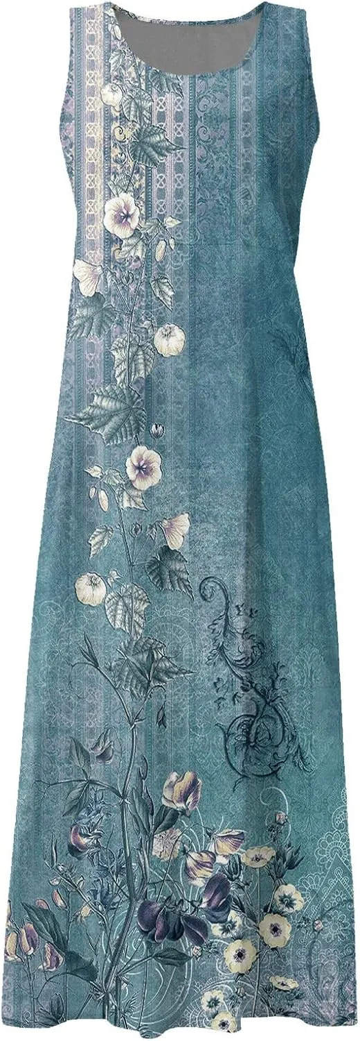 Summer Dresses,Summer Dress Maxi Casual Sleeveless Boho Beach Floral Print Crewneck Outdoor Long Sundress with Pocket