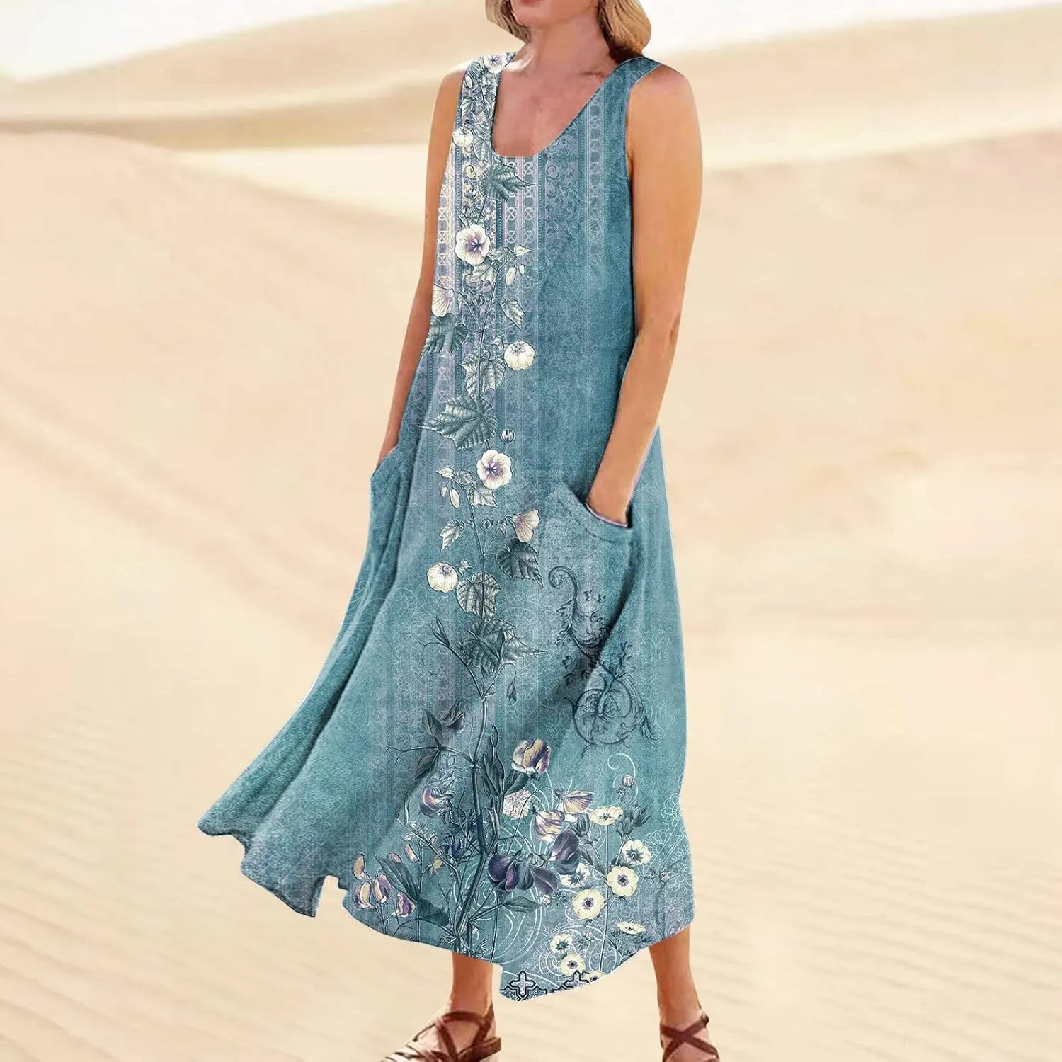 Summer Dresses,Summer Dress Maxi Casual Sleeveless Boho Beach Floral Print Crewneck Outdoor Long Sundress with Pocket
