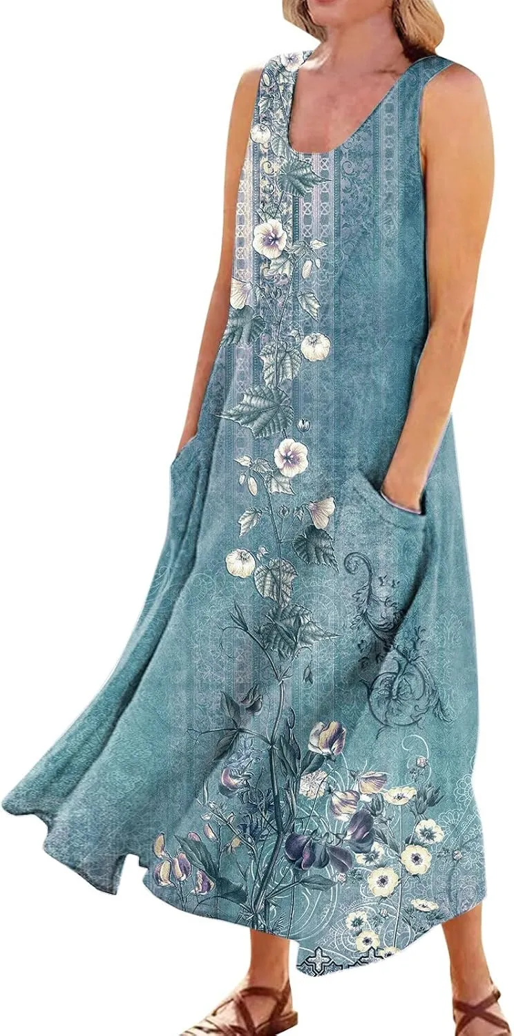 Summer Dresses,Summer Dress Maxi Casual Sleeveless Boho Beach Floral Print Crewneck Outdoor Long Sundress with Pocket