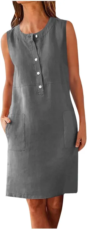 Summer Linen Tank Sundress for Women Dressy Button Shirt Dress Sleeveless Crewneck Casual Mini Dresses with Pockets
