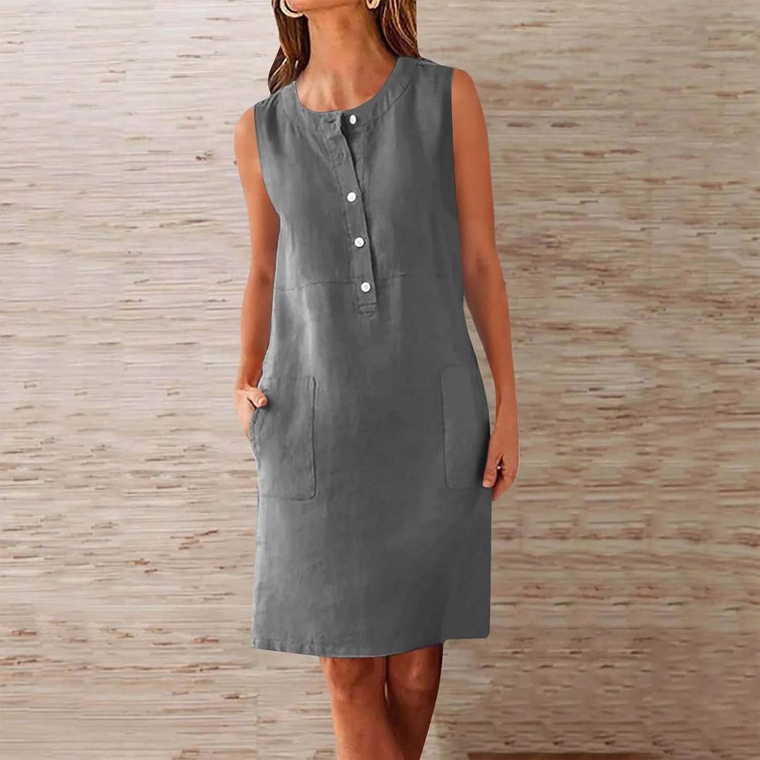 Summer Linen Tank Sundress for Women Dressy Button Shirt Dress Sleeveless Crewneck Casual Mini Dresses with Pockets