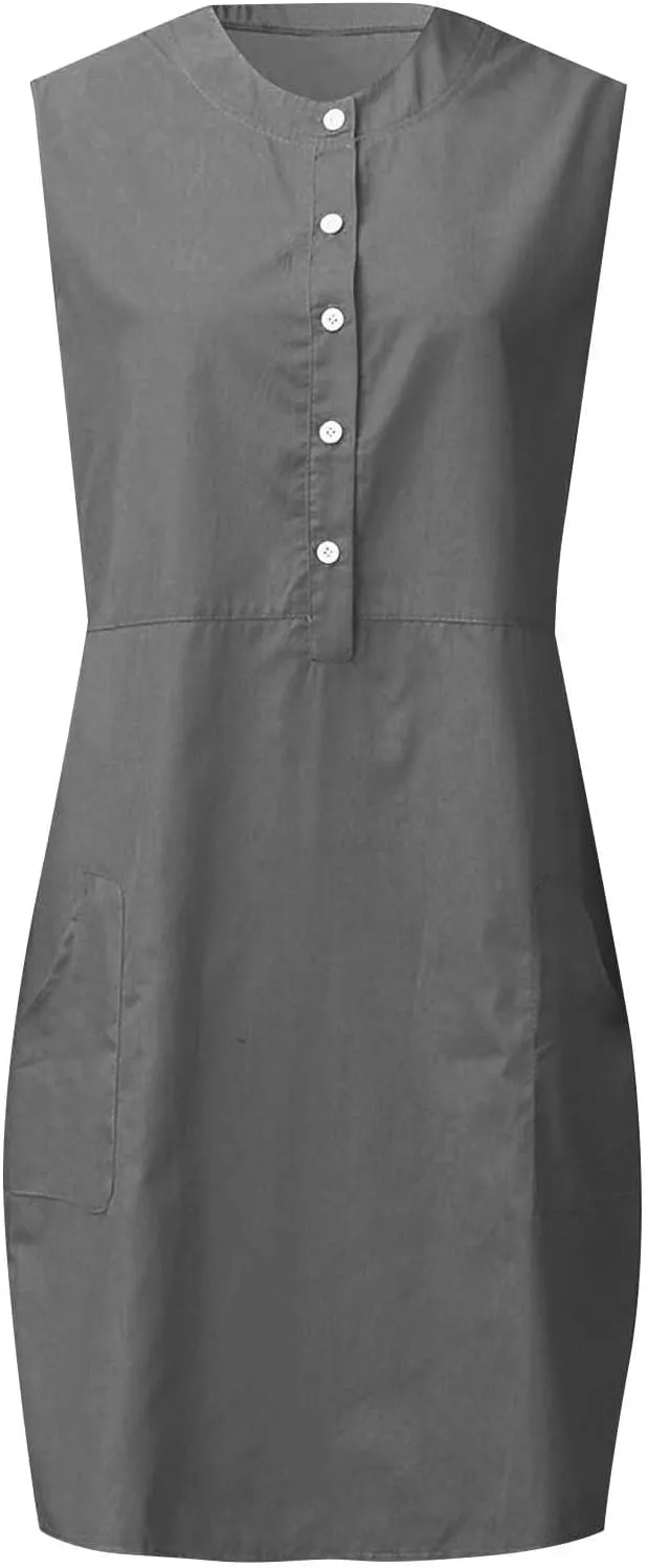 Summer Linen Tank Sundress for Women Dressy Button Shirt Dress Sleeveless Crewneck Casual Mini Dresses with Pockets