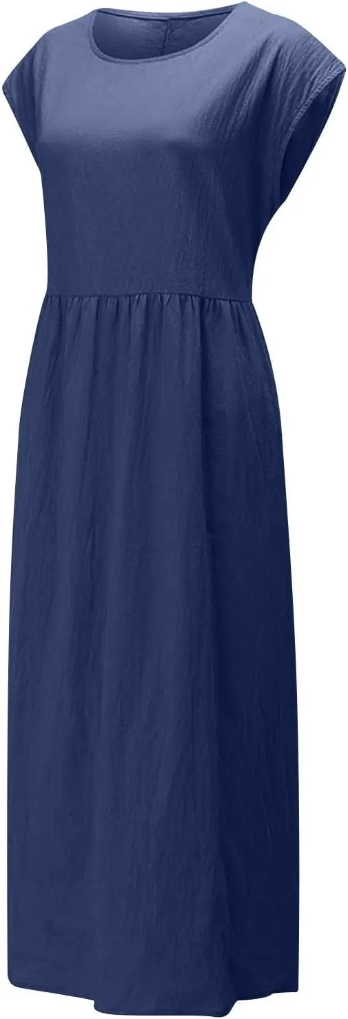 Summer Long Dresses for Women 2023 Casual Plus Size Cotton Linen Tshirt Dress Sleeveless Loose Baggy Kaftan Dress