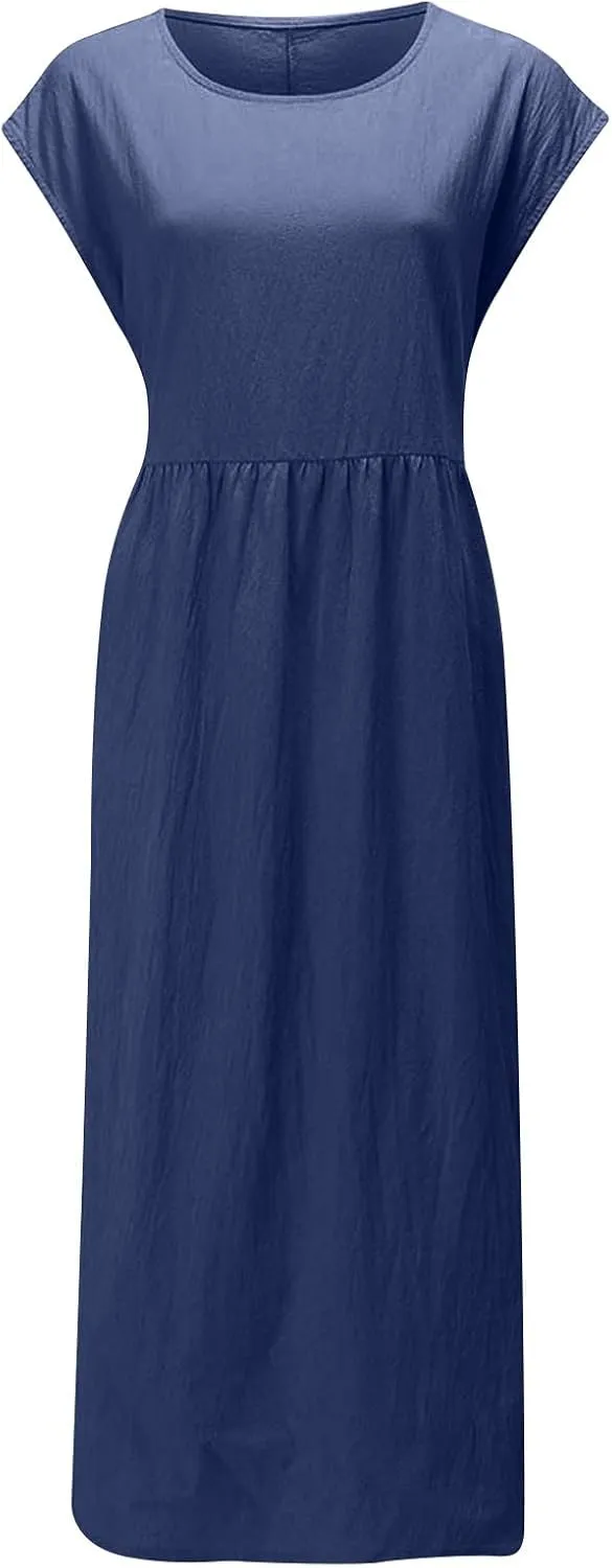 Summer Long Dresses for Women 2023 Casual Plus Size Cotton Linen Tshirt Dress Sleeveless Loose Baggy Kaftan Dress