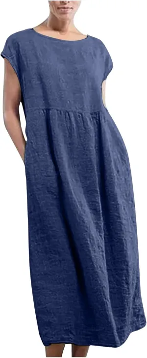 Summer Long Dresses for Women 2023 Casual Plus Size Cotton Linen Tshirt Dress Sleeveless Loose Baggy Kaftan Dress