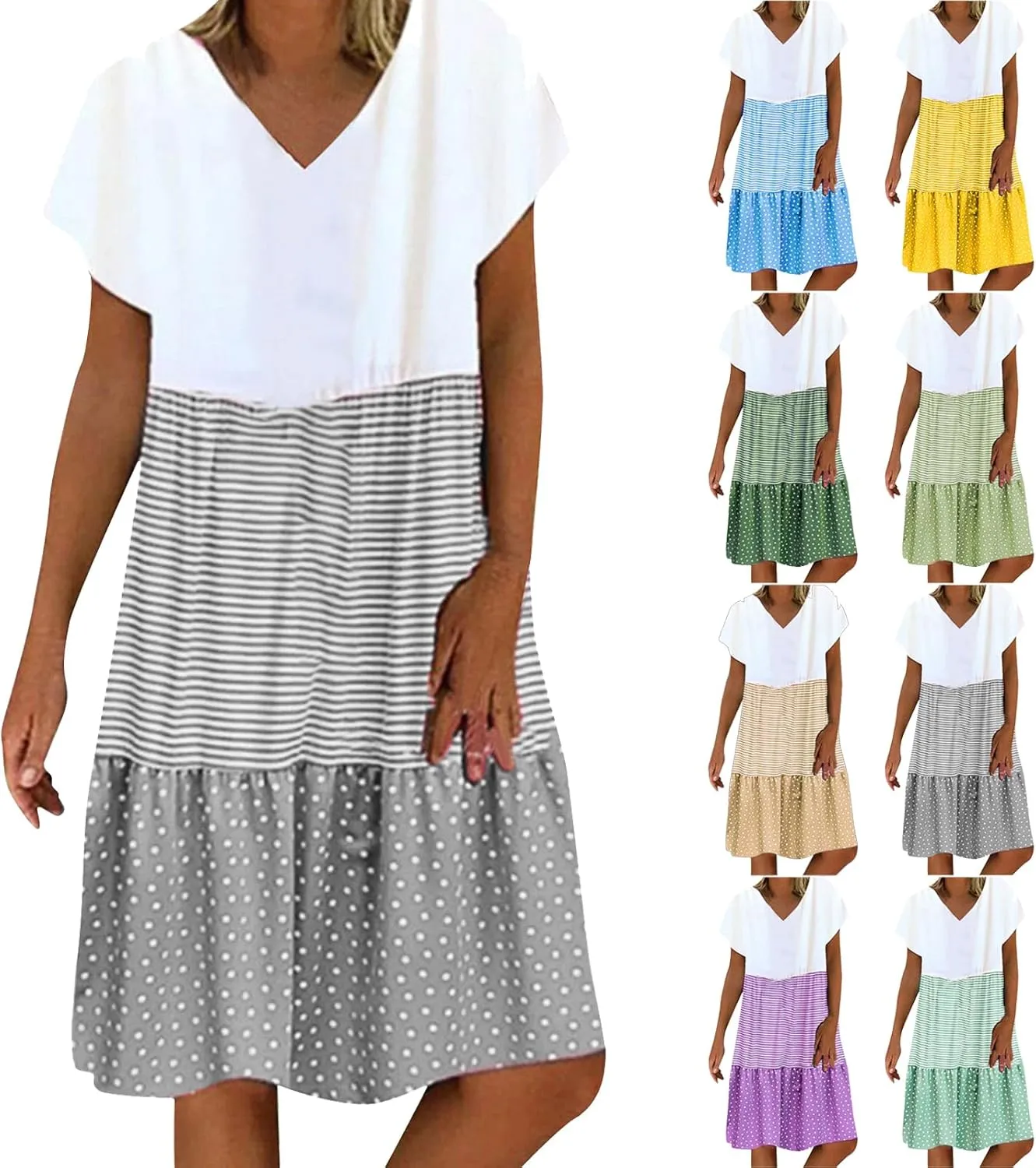 Summer Midi Dresses for Women Fashion 2024 Casual Short Sleeve v Neck Shirt Dress Color Block Swing Beach Sundresses