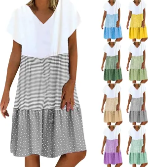 Summer Midi Dresses for Women Fashion 2024 Casual Short Sleeve v Neck Shirt Dress Color Block Swing Beach Sundresses