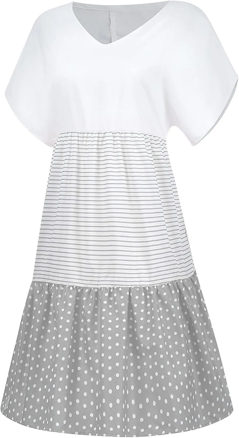 Summer Midi Dresses for Women Fashion 2024 Casual Short Sleeve v Neck Shirt Dress Color Block Swing Beach Sundresses