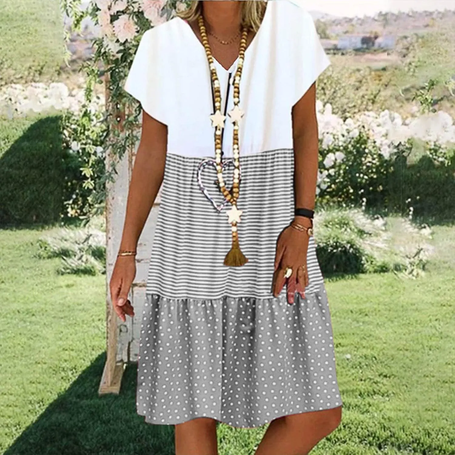 Summer Midi Dresses for Women Fashion 2024 Casual Short Sleeve v Neck Shirt Dress Color Block Swing Beach Sundresses