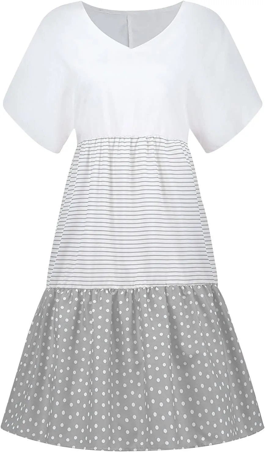 Summer Midi Dresses for Women Fashion 2024 Casual Short Sleeve v Neck Shirt Dress Color Block Swing Beach Sundresses