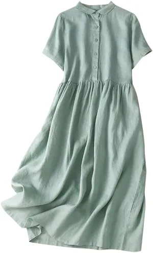 Summer Plus Size Cotton Linen Solid Dresses for Women Short Sleeve Crew Neck Loose Midi Dress