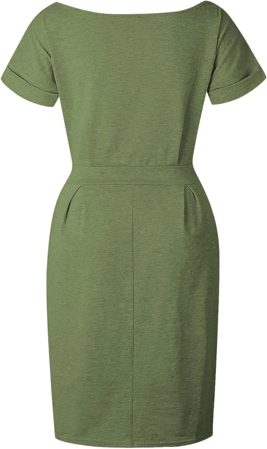 Summer Work Casual T-Shirt Dress for Women Bodycon Belted Midi Dress with Tie Waist & Pockets Business Dresses