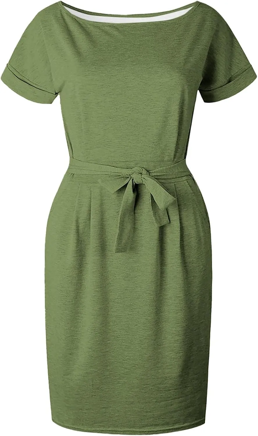 Summer Work Casual T-Shirt Dress for Women Bodycon Belted Midi Dress with Tie Waist & Pockets Business Dresses