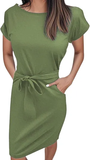 Summer Work Casual T-Shirt Dress for Women Bodycon Belted Midi Dress with Tie Waist & Pockets Business Dresses