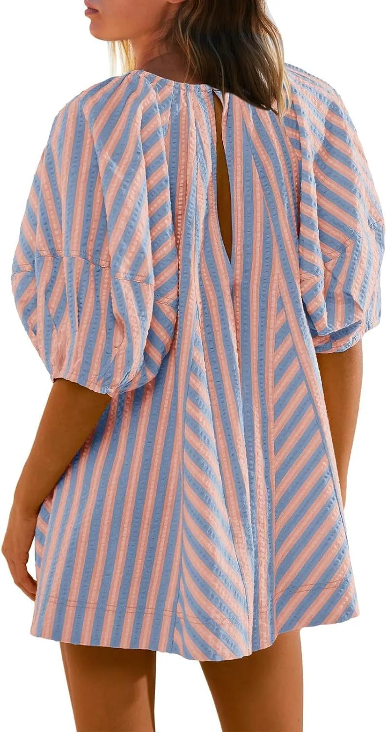 Sun Dresses for Women 2024 Casual Stripes Print Oversized Babydoll Mini Dress Short Sleeve V-Neck Lace Up Sundresses