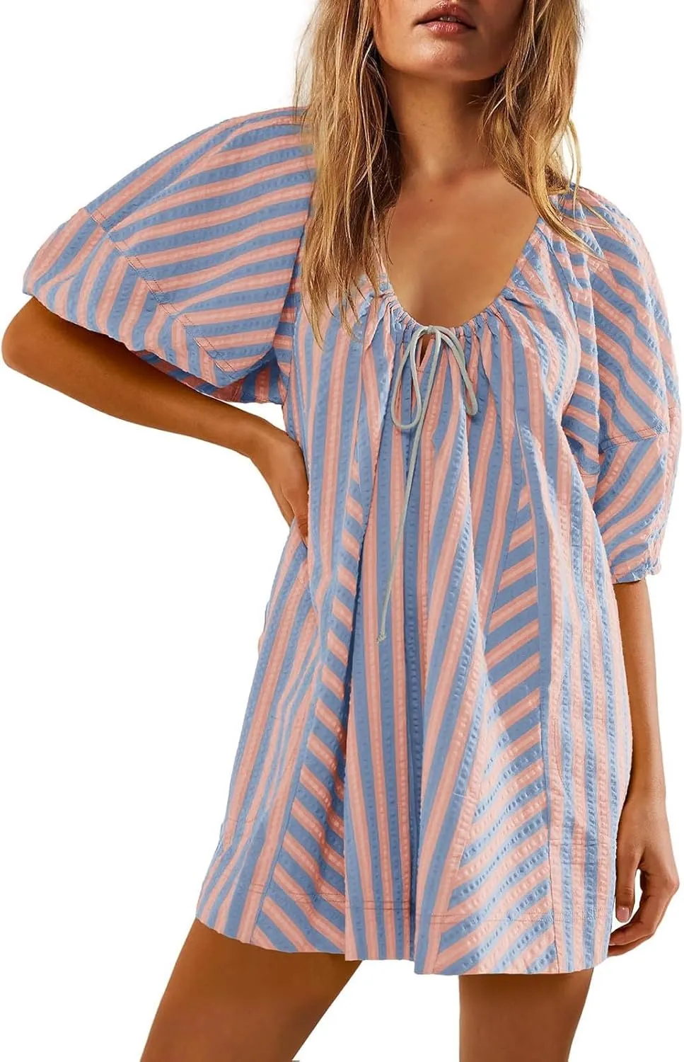 Sun Dresses for Women 2024 Casual Stripes Print Oversized Babydoll Mini Dress Short Sleeve V-Neck Lace Up Sundresses