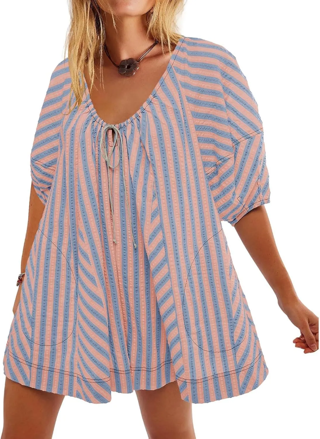 Sun Dresses for Women 2024 Casual Stripes Print Oversized Babydoll Mini Dress Short Sleeve V-Neck Lace Up Sundresses