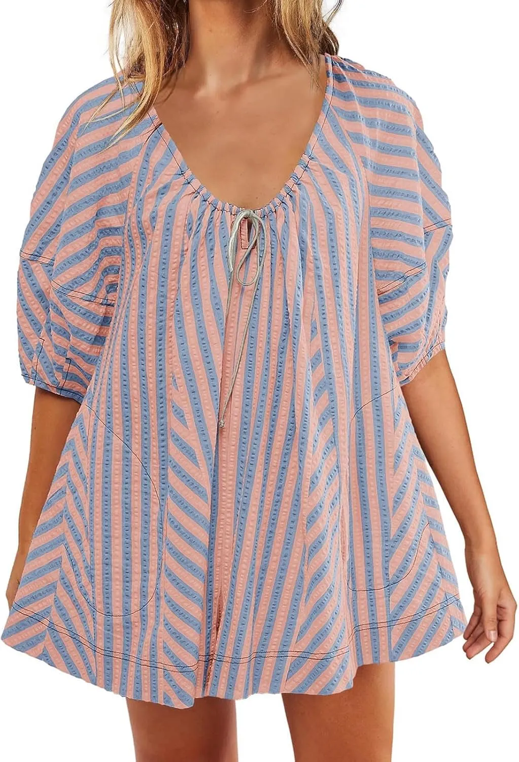 Sun Dresses for Women 2024 Casual Stripes Print Oversized Babydoll Mini Dress Short Sleeve V-Neck Lace Up Sundresses